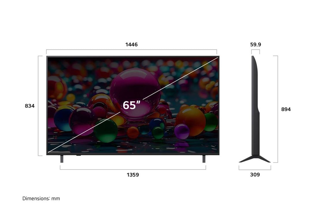 LG 65'' UHD AI UA75 4K Smart TV 2025, Dimension view, 65UA75006LA, thumbnail 4