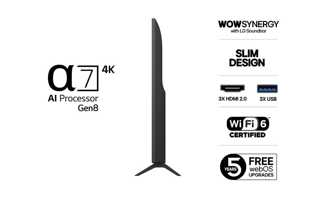 LG 55'' UHD AI UA75 4K Smart TV 2025, Side view, 55UA75006LA, thumbnail 3