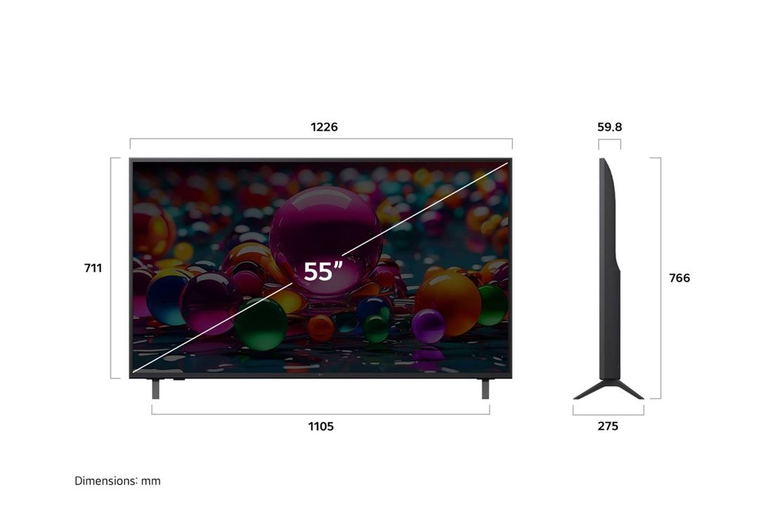 LG 55'' UHD AI UA75 4K Smart TV 2025, Dimension view, 55UA75006LA, thumbnail 4