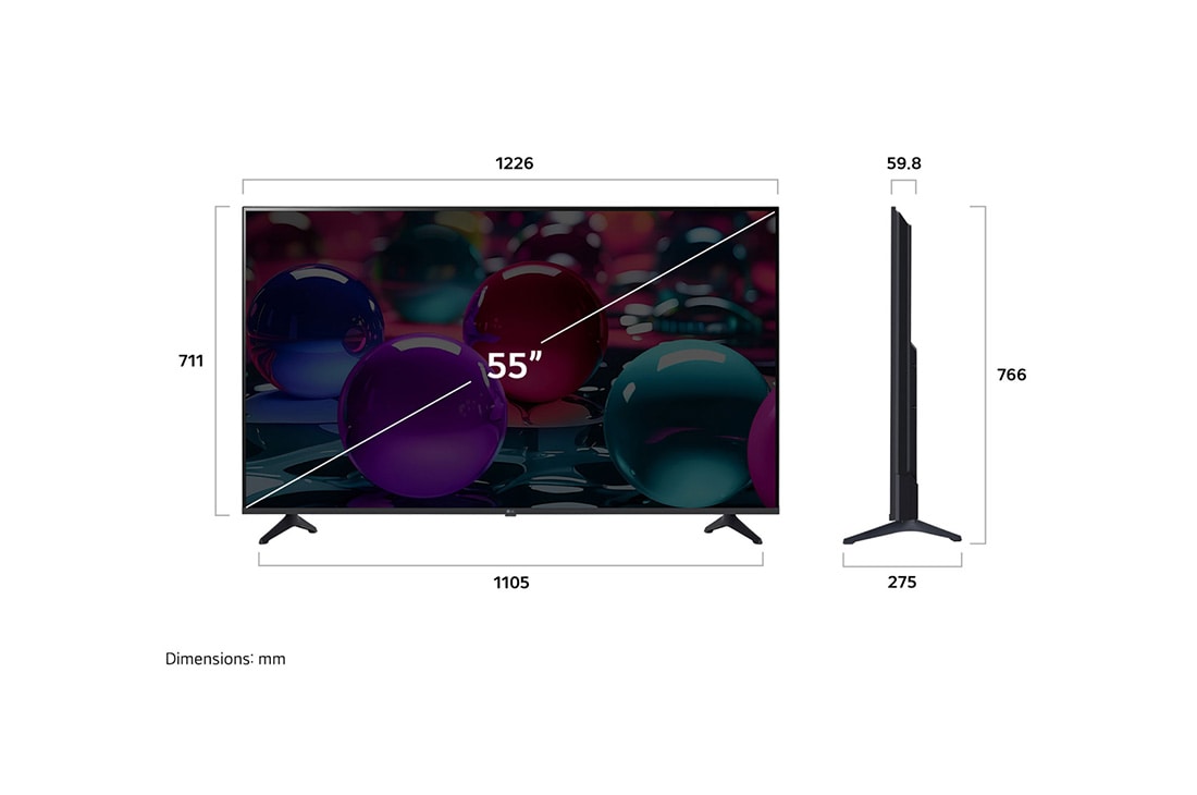 LG 55'' UHD AI UA73 4K Smart TV 2025, Edestä ja sivulta otetut kuvat LG UHD AI UA73 4K -älytelevisiosta, joista näkyy sen pituus, leveys, korkeus ja syvyys., 55UA73006LA, thumbnail 4