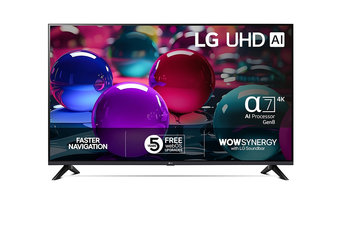 LG 50 tuuman LG UHD AI UA73 4K Smart TV 2025, Edestä otettu kuva UHD UA73 TV -televisiosta, LG UHD Al -logo yläkulmassa. LG UHD TV -televisiossa näkyy värikkäitä maalikuvioita., 50UA73006LA