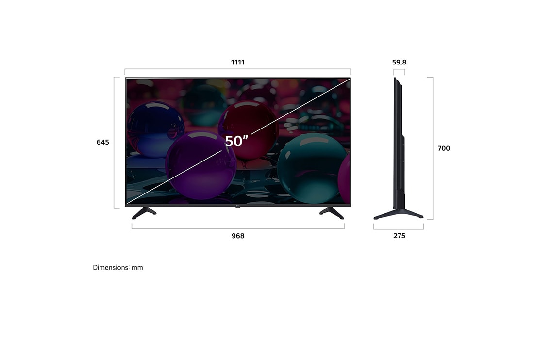 LG 50'' UHD AI UA73 4K Smart TV 2025, Edestä ja sivulta otetut kuvat LG UHD AI UA73 4K -älytelevisiosta, joista näkyy sen pituus, leveys, korkeus ja syvyys., 50UA73006LA, thumbnail 4