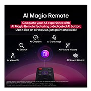 LG 50'' UHD AI UA73 4K Smart TV 2025, LG AI Magic Remote LG TV -näytön edessä. Näytöllä näkyy yksilöllinen tervehdys LG AI:lta ja valikoituja avainsanoja, jotka perustuvat käyttäjän haku- ja katseluhistoriaan. Kaukosäätimen lähellä on kuv, 50UA73006LA, thumbnail 12