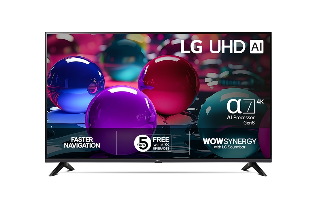 LG 43 tuuman LG UHD AI UA73 4K Smart TV 2025, Edestä otettu kuva UHD UA73 TV -televisiosta, LG UHD Al -logo yläkulmassa. LG UHD TV -televisiossa näkyy värikkäitä maalikuvioita., 43UA73006LA