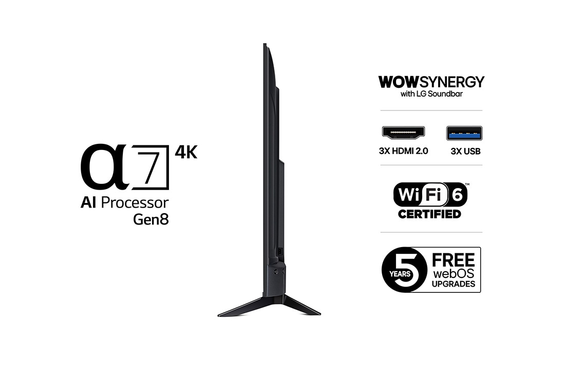 LG 43'' UHD AI UA73 4K Smart TV 2025, Vasemmalta otettu sivukuva LG UHD UA73 TV -televisiosta., 43UA73006LA, thumbnail 3