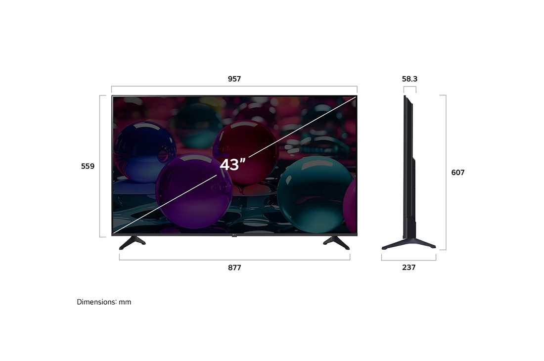 LG 43'' UHD AI UA73 4K Smart TV 2025, Edestä ja sivulta otetut kuvat LG UHD AI UA73 4K -älytelevisiosta, joista näkyy sen pituus, leveys, korkeus ja syvyys., 43UA73006LA, thumbnail 4
