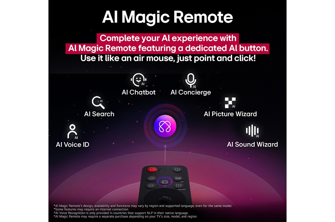 LG 43'' UHD AI UA73 4K Smart TV 2025, LG AI Magic Remote LG TV -näytön edessä. Näytöllä näkyy yksilöllinen tervehdys LG AI:lta ja valikoituja avainsanoja, jotka perustuvat käyttäjän haku- ja katseluhistoriaan. Kaukosäätimen lähellä on kuv, 43UA73006LA, thumbnail 12