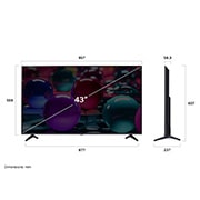 LG 43'' UHD AI UA73 4K Smart TV 2025, Edestä ja sivulta otetut kuvat LG UHD AI UA73 4K -älytelevisiosta, joista näkyy sen pituus, leveys, korkeus ja syvyys., 43UA73006LA, thumbnail 4