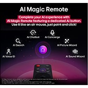 LG 43'' UHD AI UA73 4K Smart TV 2025, LG AI Magic Remote LG TV -näytön edessä. Näytöllä näkyy yksilöllinen tervehdys LG AI:lta ja valikoituja avainsanoja, jotka perustuvat käyttäjän haku- ja katseluhistoriaan. Kaukosäätimen lähellä on kuv, 43UA73006LA, thumbnail 12