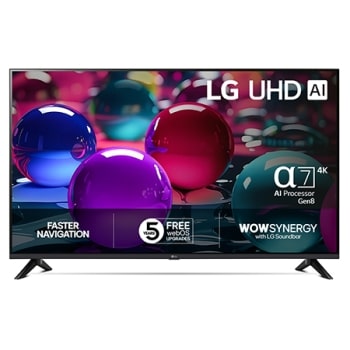 Edestä otettu kuva UHD UA73 TV -televisiosta, LG UHD Al -logo yläkulmassa. LG UHD TV -televisiossa näkyy värikkäitä maalikuvioita.1