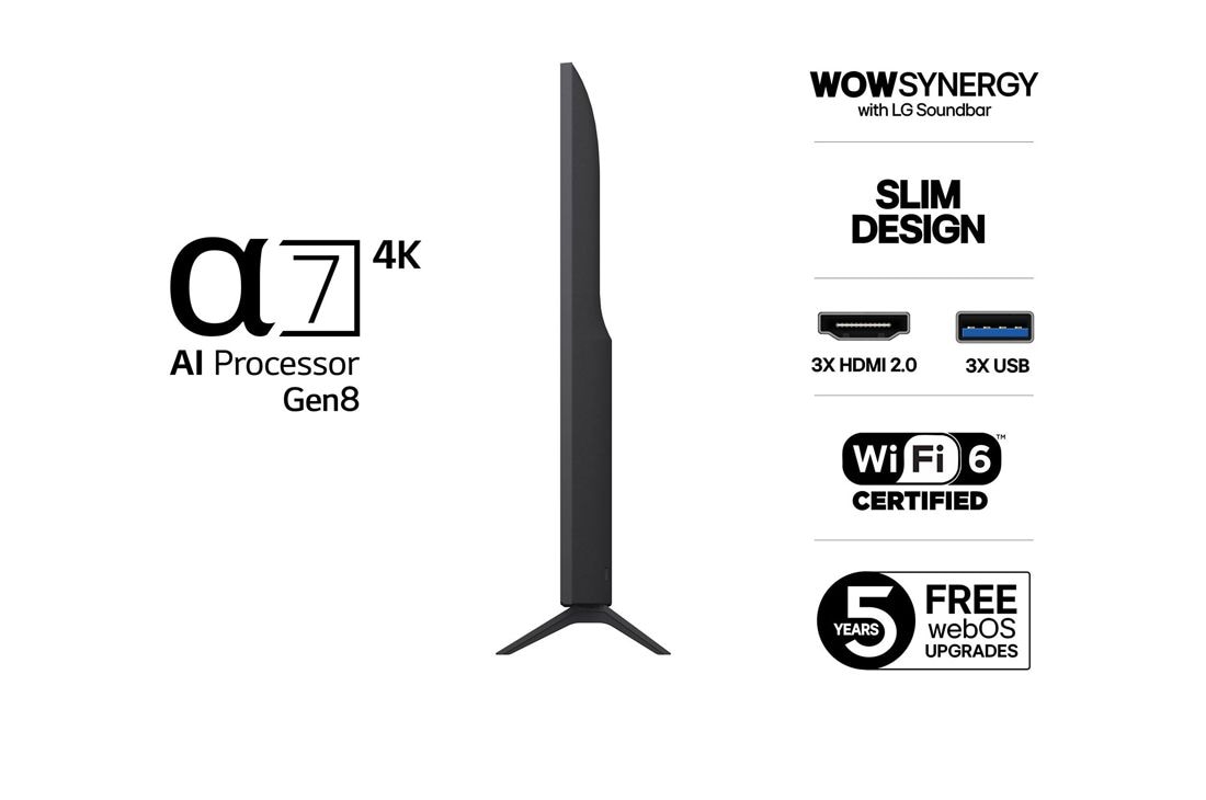 LG 50'' UHD AI UA75 4K Smart TV 2025, Side view, 50UA75006LA, thumbnail 3