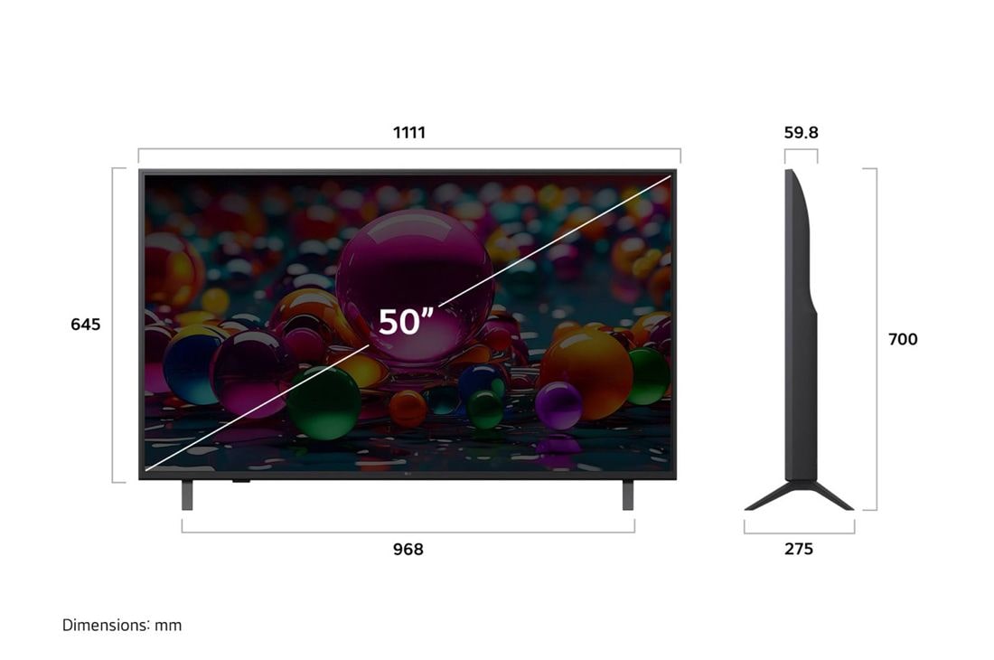 LG 50'' UHD AI UA75 4K Smart TV 2025, Dimension view, 50UA75006LA, thumbnail 4