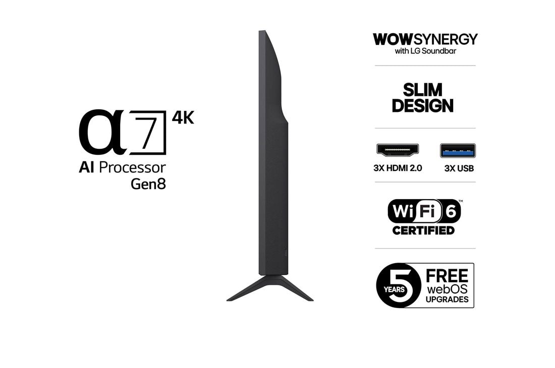 LG 43'' UHD AI UA75 4K Smart TV 2025, Side view, 43UA75006LA, thumbnail 3