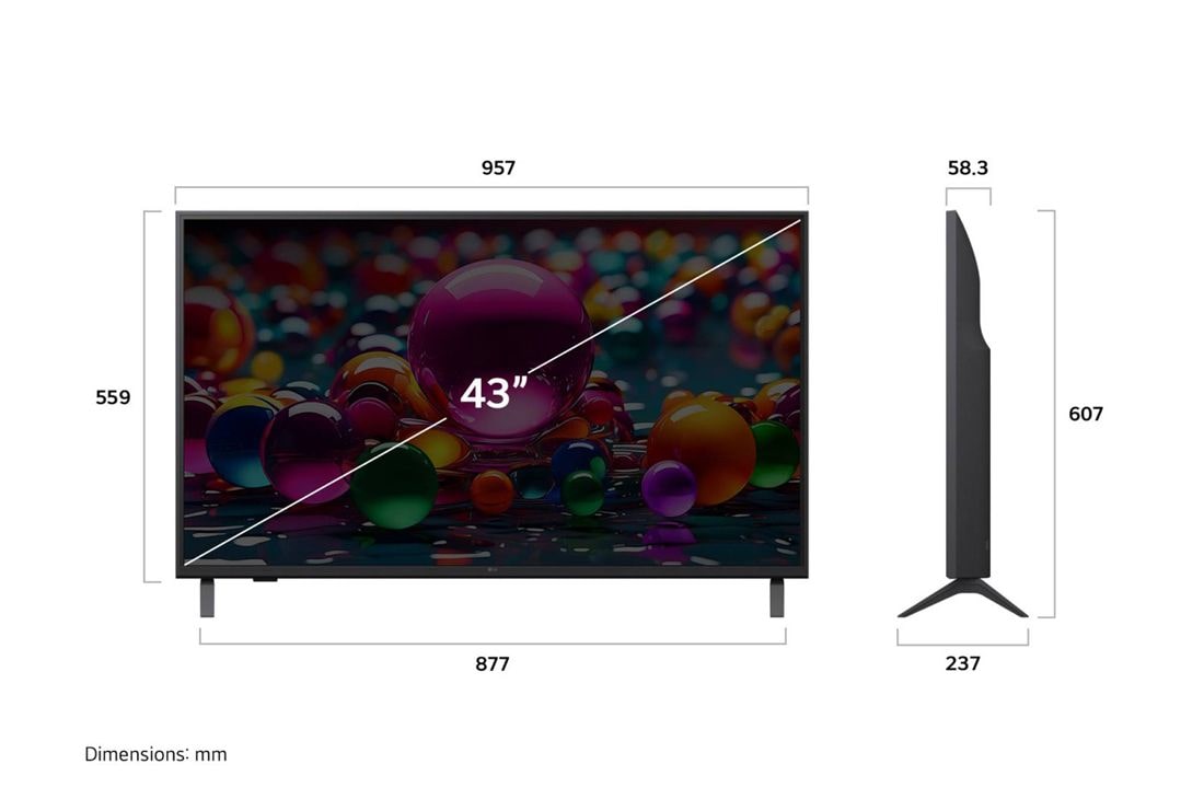LG 43'' UHD AI UA75 4K Smart TV 2025, Dimension view, 43UA75006LA, thumbnail 4