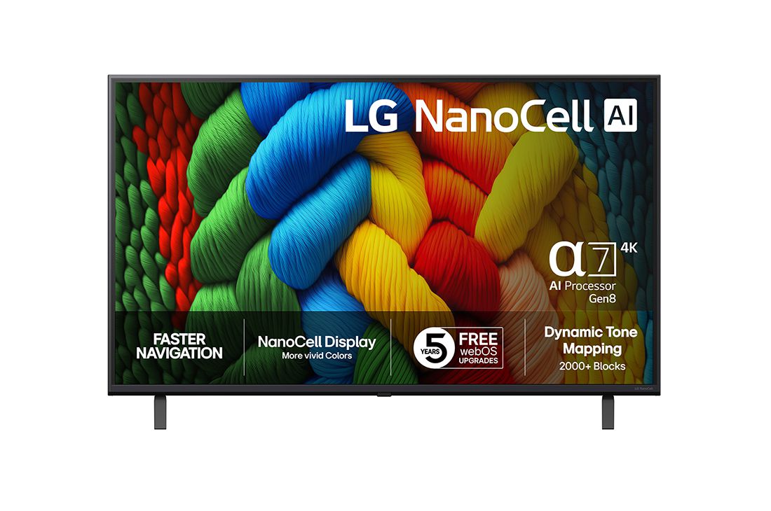 LG 43 tuuman LG NanoCell AI NANO80 4K -älytelevisio 2025, front, 43NANO80A6B