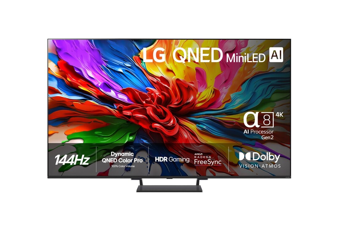 LG 85-tuuman LG QNED evo AI QNED93 MiniLED 4K -älytelevisio 2025, Edestä otettu kuva LG QNED evo QNED92 TV -televisiosta, LG QNED evo Al Logo yläkulmassa. LG QNED evo QNED92 -televisiossa näkyy värikkäitä maalikuvioita., 85QNED93A6A