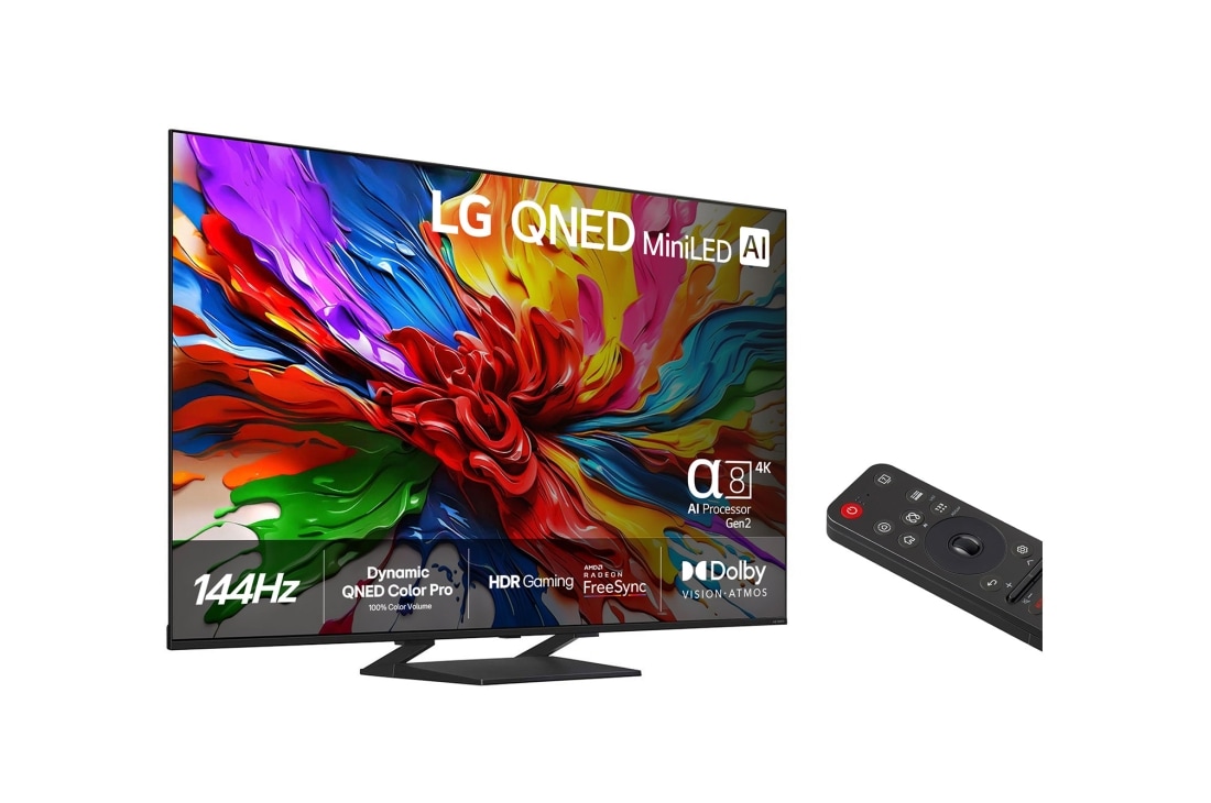 LG 85'' QNED MiniLED AI QNED93 4K Smart TV 2025, Edestä otettu kuva LG QNED evo QNED92 TV -televisiosta, LG QNED evo Al Logo yläkulmassa. LG QNED evo QNED92 -televisiossa näkyy värikkäitä maalikuvioita., 85QNED93A6A, thumbnail 2