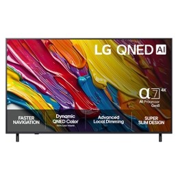 Edestä otettu kuva LG QNED82 TV -televisiosta, LG QNED Al -logo yläkulmassa. LG QNED TV -televisiossa näkyy värikkäitä maalikuvioita.2