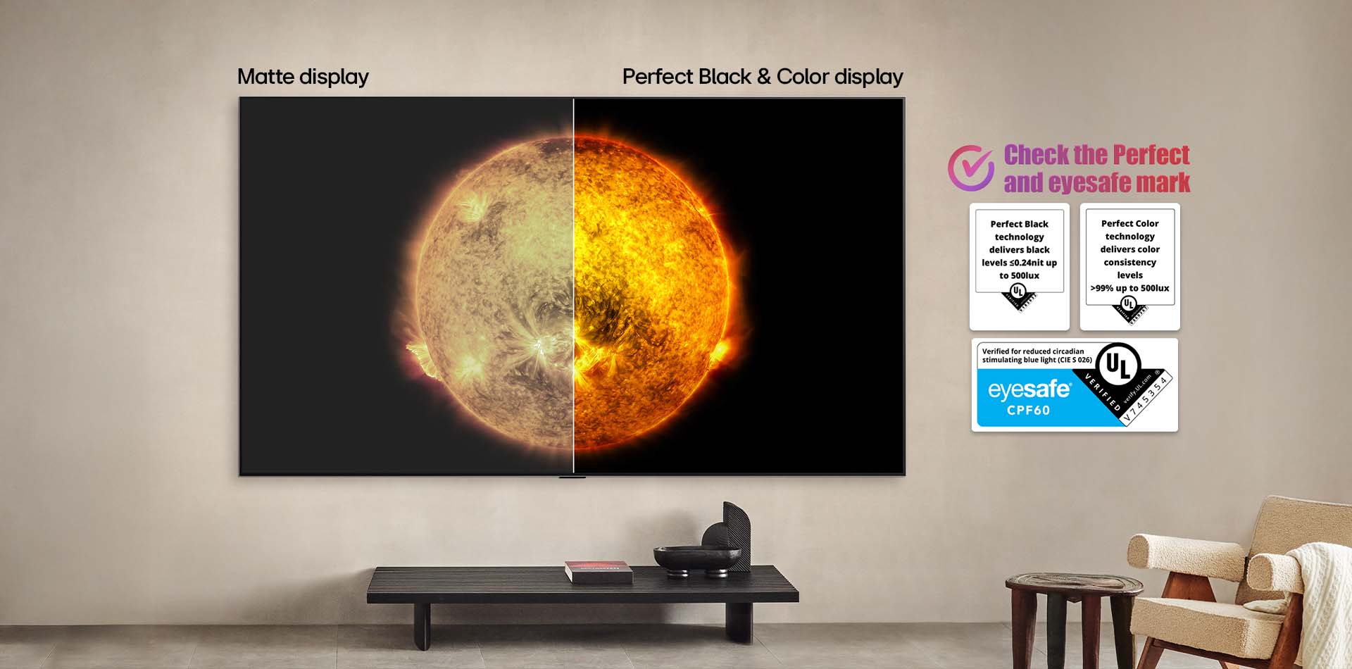 LG OLED TV:llä näkyy visuaalinen vertailu kahden näytön välillä; toisessa on Perfect Color ja Perfect Black, toisessa ei. UL- ja eyesafe-sertifikaatit ovat näkyvillä ja teksti kehottaa tutustumaan merkkeihin.