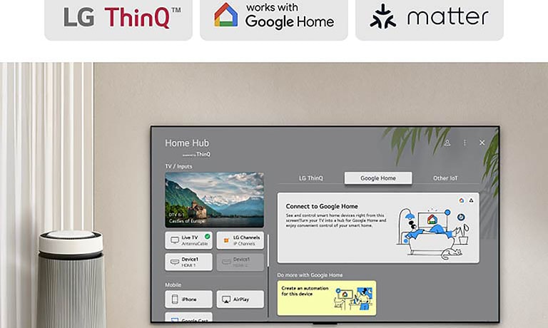 LG TV, jonka näytöllä on Home Hub. Käyttöliittymässä näkyy Google Home, ThinQ ja muita esineiden internet- eli IoT-laitteita, mikä osoittaa, kuinka voit helposti hallita kaikkia älylaitteita televisiostasi.