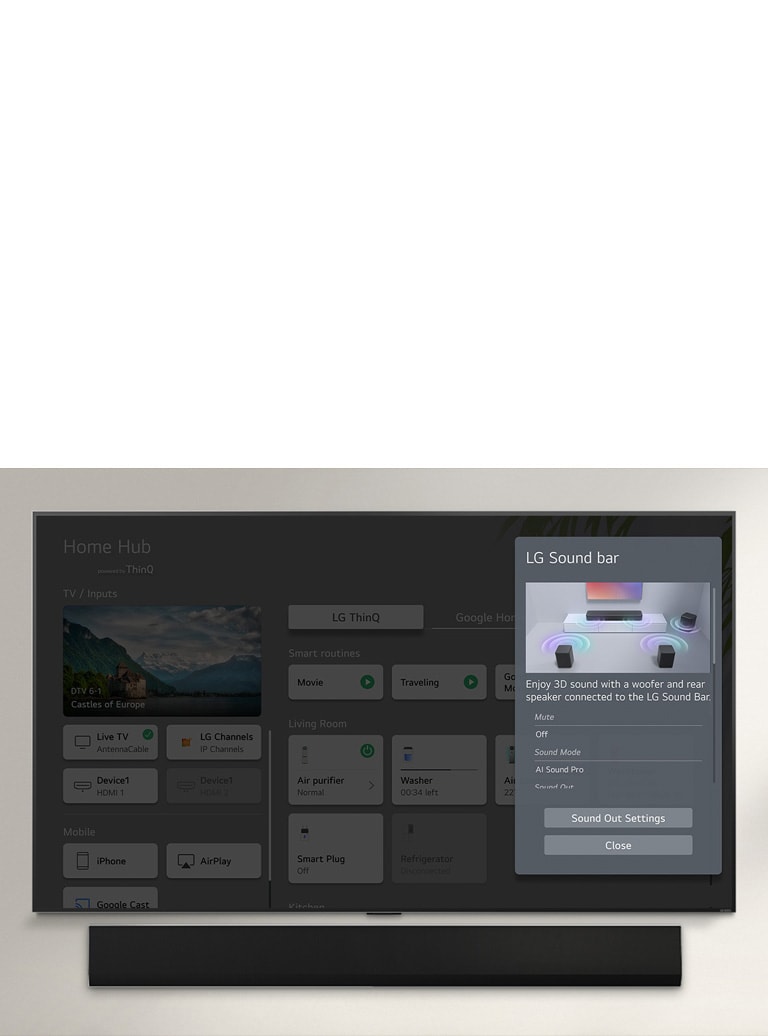 LG Soundbar on LG OLED TV -television alapuolella. Television näytöllä on soundbar-äänipalkin ja television äänenvoimakkuuden hallinnan ohjauspaneelit. 