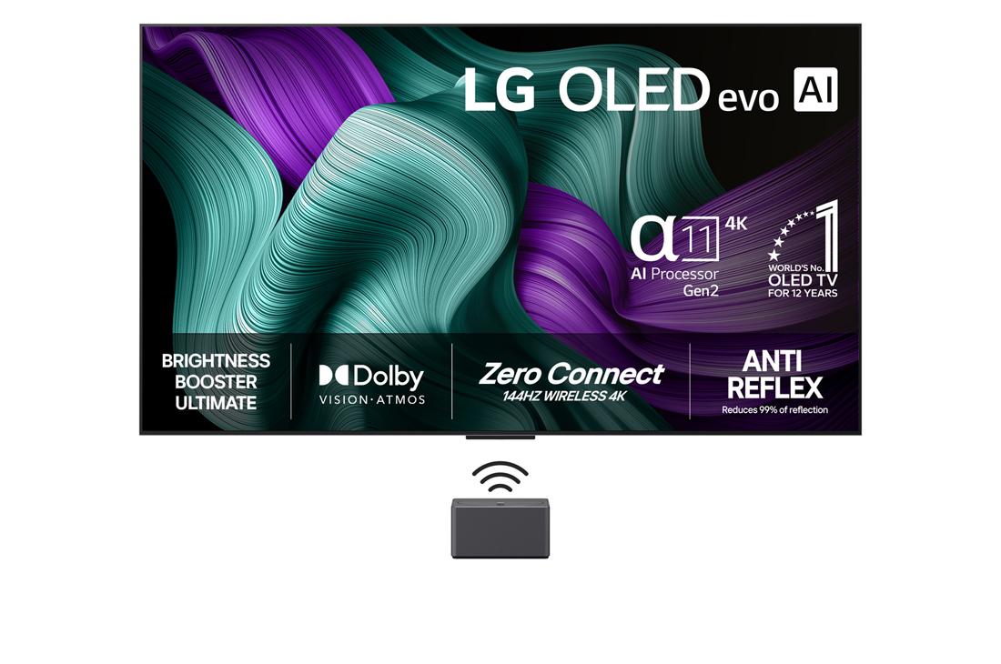 LG 77 tuuman LG OLED evo M5 4K -älytelevisio 2025, Etunäkymä LG OLED M5 TV:stä. 12 vuotta maailman numero 1 OLED -tunnus ja LG OLED evo AI 2025 -logo ovat näytöllä. Zero Connect Box nurkassa otsikolla Zero Connect Box langattomalla 4K 144Hz -video- ja, OLED77M59LA