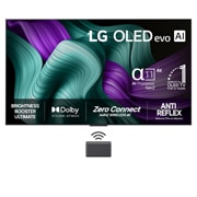 LG 77 tuuman LG OLED evo M5 4K -älytelevisio 2025, Etunäkymä LG OLED M5 TV:stä. 12 vuotta maailman numero 1 OLED -tunnus ja LG OLED evo AI 2025 -logo ovat näytöllä. Zero Connect Box nurkassa otsikolla Zero Connect Box langattomalla 4K 144Hz -video- ja, OLED77M59LA, thumbnail 1