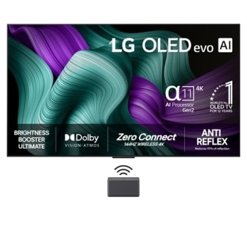 Etunäkymä LG OLED M5 TV:stä. 12 vuotta maailman numero 1 OLED -tunnus ja LG OLED evo AI 2025 -logo ovat näytöllä. Zero Connect Box nurkassa otsikolla Zero Connect Box langattomalla 4K 144Hz -video- ja1