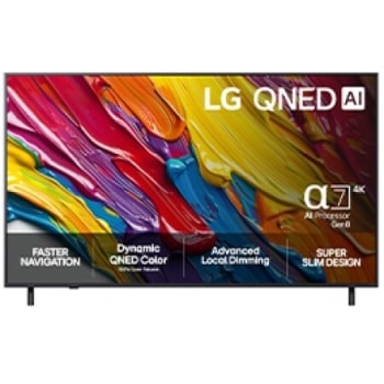 Edestä otettu kuva LG QNED82 TV -televisiosta, LG QNED Al -logo yläkulmassa. LG QNED TV -televisiossa näkyy värikkäitä maalikuvioita.1