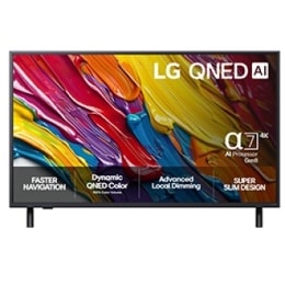 Edestä otettu kuva LG QNED82 TV -televisiosta, LG QNED Al -logo yläkulmassa. LG QNED TV -televisiossa näkyy värikkäitä maalikuvioita.2