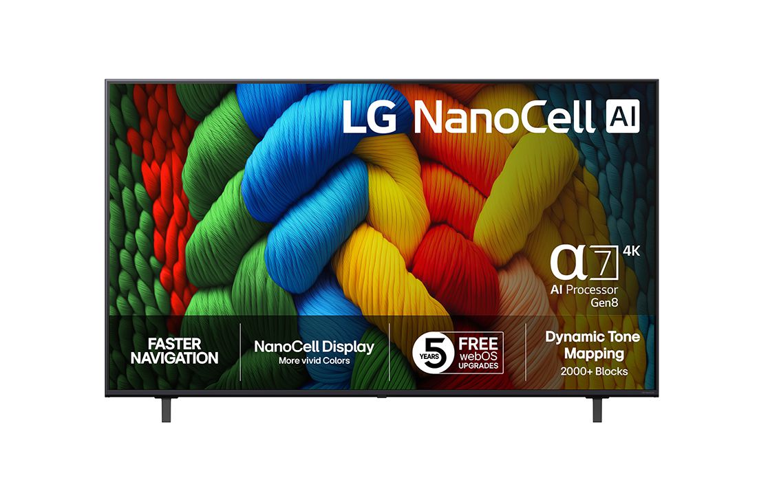 LG 75 tuuman LG NanoCell AI NANO80 4K -älytelevisio 2025, front, 75NANO80A6B