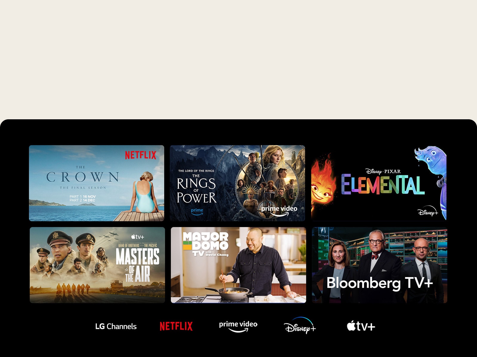 Kuusi pikkukuvaa elokuvista ja TV-sarjoista, joiden alapuolella on palveluiden LG Channels, Netflix, Prime Video, Disney+ ja Apple TV+ logot.
