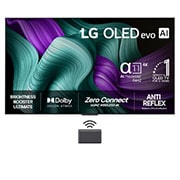 LG 83 tuuman LG OLED evo M5 4K -älytelevisio 2025, Etunäkymä LG OLED M5 TV:stä. 12 vuotta maailman numero 1 OLED -tunnus ja LG OLED evo AI 2025 -logo ovat näytöllä. Zero Connect Box nurkassa otsikolla Zero Connect Box langattomalla 4K 144Hz -video- ja, OLED83M59LA, thumbnail 1
