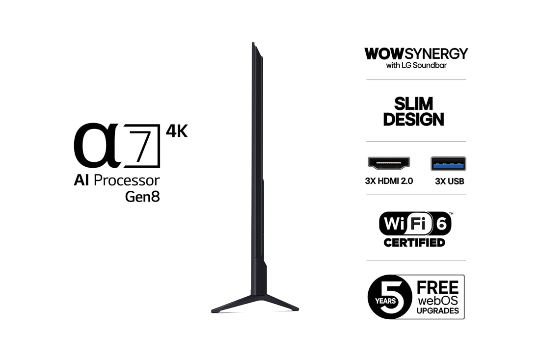 LG 75'' UHD AI UA74 4K Smart TV 2025, Side view, 75UA74006LB, thumbnail 3