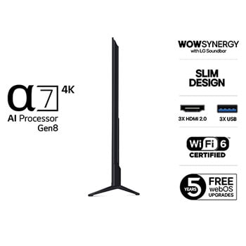 LG 75'' UHD AI UA74 4K Smart TV 2025, Side view, 75UA74006LB, thumbnail 3