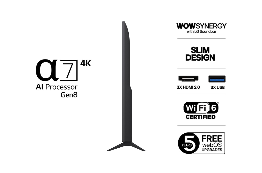 LG 65'' UHD AI UA74 4K Smart TV 2025, Side view, 65UA74006LB, thumbnail 3
