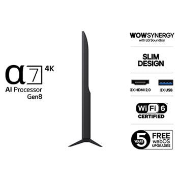 LG 65'' UHD AI UA74 4K Smart TV 2025, Side view, 65UA74006LB, thumbnail 3
