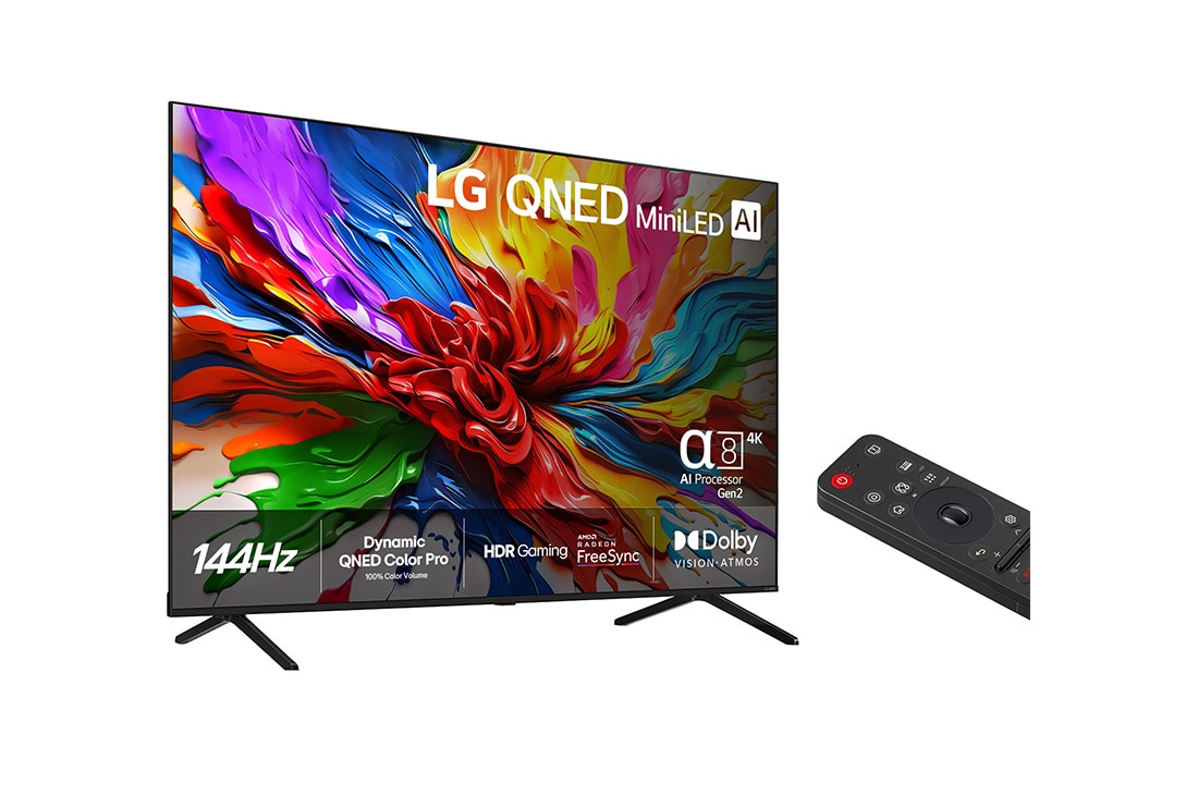 LG 55'' QNED evo MiniLED AI QNED92 4K Smart TV 2025, Edestä otettu kuva LG QNED evo QNED92 TV -televisiosta, LG QNED evo Al Logo yläkulmassa. LG QNED evo QNED92 -televisiossa näkyy värikkäitä maalikuvioita., 55QNED92A6A, thumbnail 2