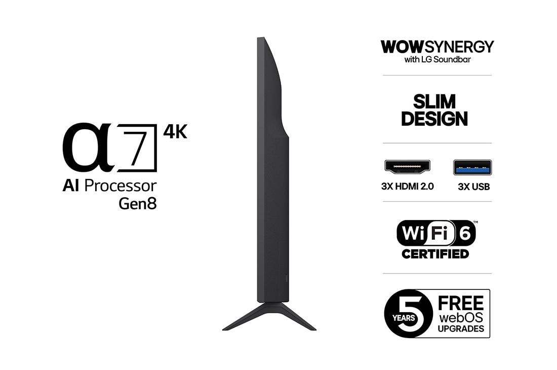 LG 43'' UHD AI UA74 4K Smart TV 2025, Side view, 43UA74006LB, thumbnail 3