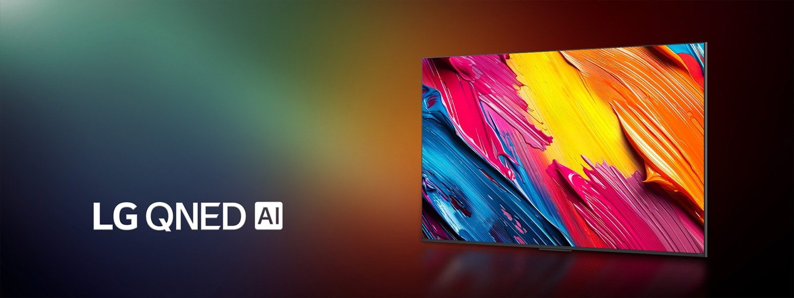 LG QNED TV värikästä tummasävyistä taustaa vasten. Näytöllä näkyy kirkasta ja värikästä taidetta, joka esittelee QNEDin väriteknologiaa ja kykyä näyttää suuri sävyspektri suurella kontrastilla. LG QNED AI -logo on näkyvillä. Otsikossa lukee Kaikki värit määritelty uudelleen dynaamisella QNED-värillä.