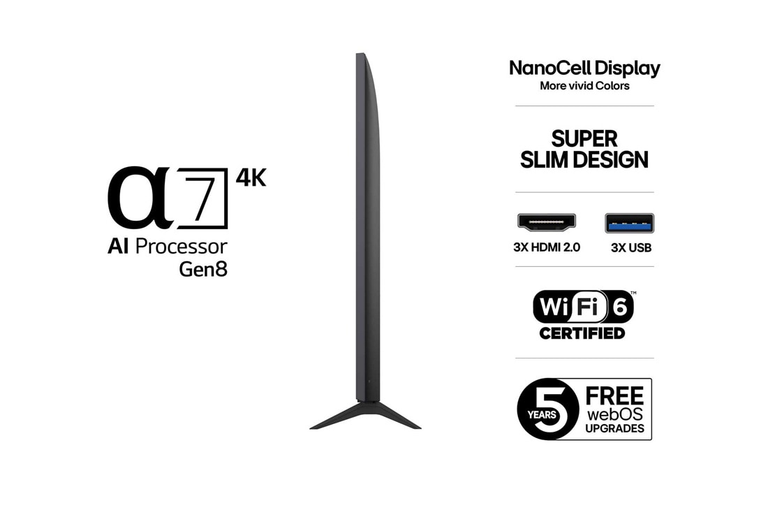 LG 65 tuuman LG NanoCell AI NANO8E 4K -älytelevisio 2025, Side view, 65NANO8EA6A, thumbnail 3