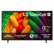 LG 50'' NanoCell AI NANO8E 4K Smart TV 2025, Edestä otettu kuva NanoCell-televisiosta, LG NanoCell Al -logo yläkulmassa. NANO80-televisiossa näkyy värikkäitä maalikuvioita., 50NANO8EA6A, thumbnail 1