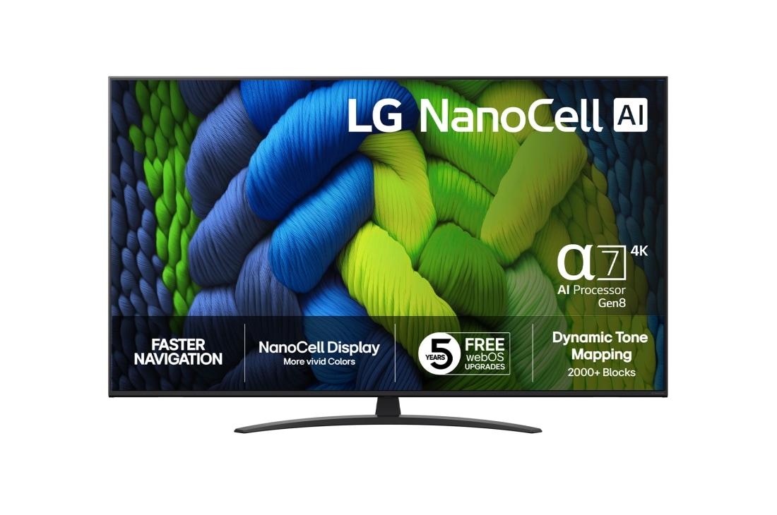 LG 55 tuuman LG NanoCell AI NANO82 4K -älytelevisio 2025, Edestä otettu kuva NanoCell-televisiosta, LG NanoCell Al -logo yläkulmassa. NANO82-televisiossa näkyy värikkäitä maalikuvioita., 55NANO82A6B