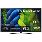LG 86'' NanoCell AI NANO82 4K Smart TV 2025, Edestä otettu kuva NanoCell-televisiosta, LG NanoCell Al -logo yläkulmassa. NANO82-televisiossa näkyy värikkäitä maalikuvioita., 86NANO82A6B, thumbnail 1