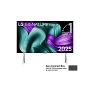 LG 97 tuuman True Wireless LG SIGNATURE OLED M5 -televisio langattomalla 4K-videon- ja äänensiirrolla, Etunäkymä LG OLED M5 Signature TV:stä. 12 vuotta maailman numero 1 OLED -tunnus ja LG Signature OLED M -logo ovat näytöllä. Zero Connect Box nurkassa otsikolla Zero Connect Box langattomalla 4K 120Hz , OLED97M59LA, thumbnail 1