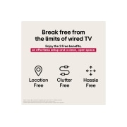 LG 97 tuuman True Wireless LG SIGNATURE OLED M5 -televisio langattomalla 4K-videon- ja äänensiirrolla, Kolme kuvaketta, jotka edustavat LG:n aidosti langattoman TV:n kolmea ilmaista etua. Asenna vapaasti, vaivattomasti ja vältä sekasotkua. Teksti kertoo langallisen TV:n rajoitusten hylkäämisestä ja vai, OLED97M59LA, thumbnail 6