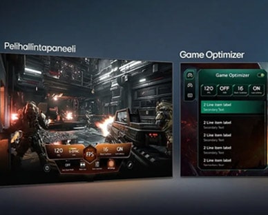 LG QNED evo AI QNED82 Mini LED, jossa on Game Dashboard ja Optimizer, näyttää rinnakkaiset pelinäytöt ja ruudulla olevan valikon, josta peliasetuksia, kuten virkistystaajuutta, viivettä ja kuvatiloja, voi säätää reaaliajassa.