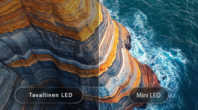 LG QNED evo AI QNED82 Mini LED -television näytöllä näkyy jaettu rannikkokallionäkymä, joka havainnollistaa, miten Mini LED tuo esiin terävämmät kalliopintojen tekstuurit ja selkeämmät meren yksityiskohdat kuin tavallinen LED – tuloksena ovat syvemmät mustat sävyt ja tarkempi kontrasti, jotka parantavat kuvan selkeyttä ja syvyysvaikutelmaa.