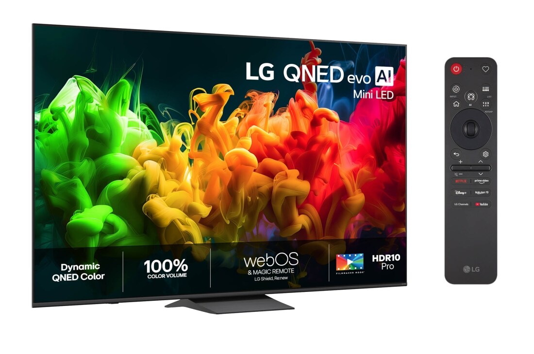 LG 85'' QNED evo MiniLED QNED81 4K AI TV - 2026, LG QNED evo AI QNED80 Mini LED edestä ja sivulta nähtynä. Mallissa on 85-tuumainen näyttö, jonka leveys on 1 889 mm ja korkeus 1 087 mm. Television korkeus jalustan kanssa on 1 149 mm ja profiilin syv, 85QNED81B6A, thumbnail 2
