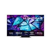 LG 86'' Mini RGB MRGB88 4K AI TV - 2026, Vuonna 2026 julkaistun LG Mini RGB evo AI MRGB85:n edestä kuvatussa näkymässä on ohut musta kehys ja lyhyet jalat, ja ruudun täyttää elävä, kristallimainen kuva teräväpiirteisistä monivärisistä fasett, 86MRGB88B6B, thumbnail 1